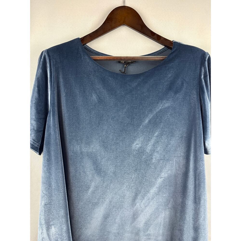 Women’s DG2 1X Silver Blue Velvet Short Sleeve Blouse - Picture 2 of 6